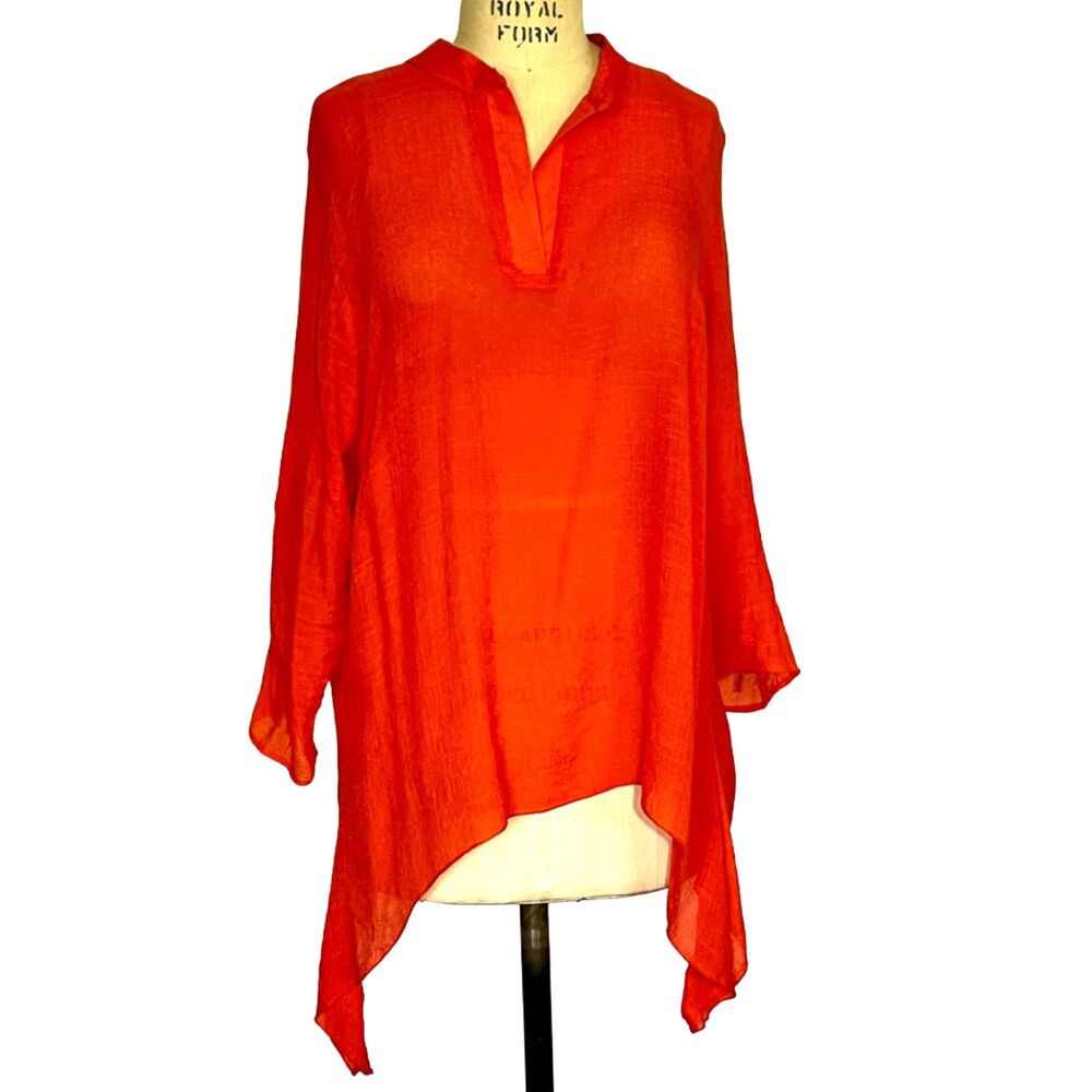 Ashley Stewart Orange Gauze Tunic with Hankercheif Hem and roll-up Sleeves 12